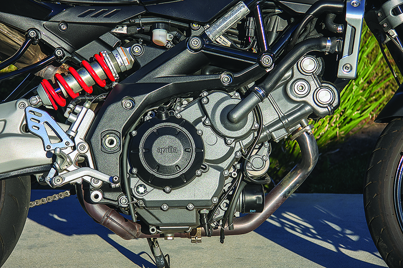 Aprilia's 90-degree 749.9cc V-twin churns out plenty of torque and makes a great bark, too.